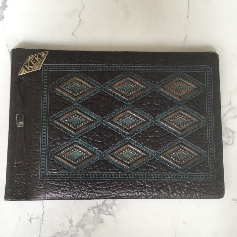 KEK Embossed Leather Photo Album Travel Scrapbook Mid-century VTG NEW Spiderweb